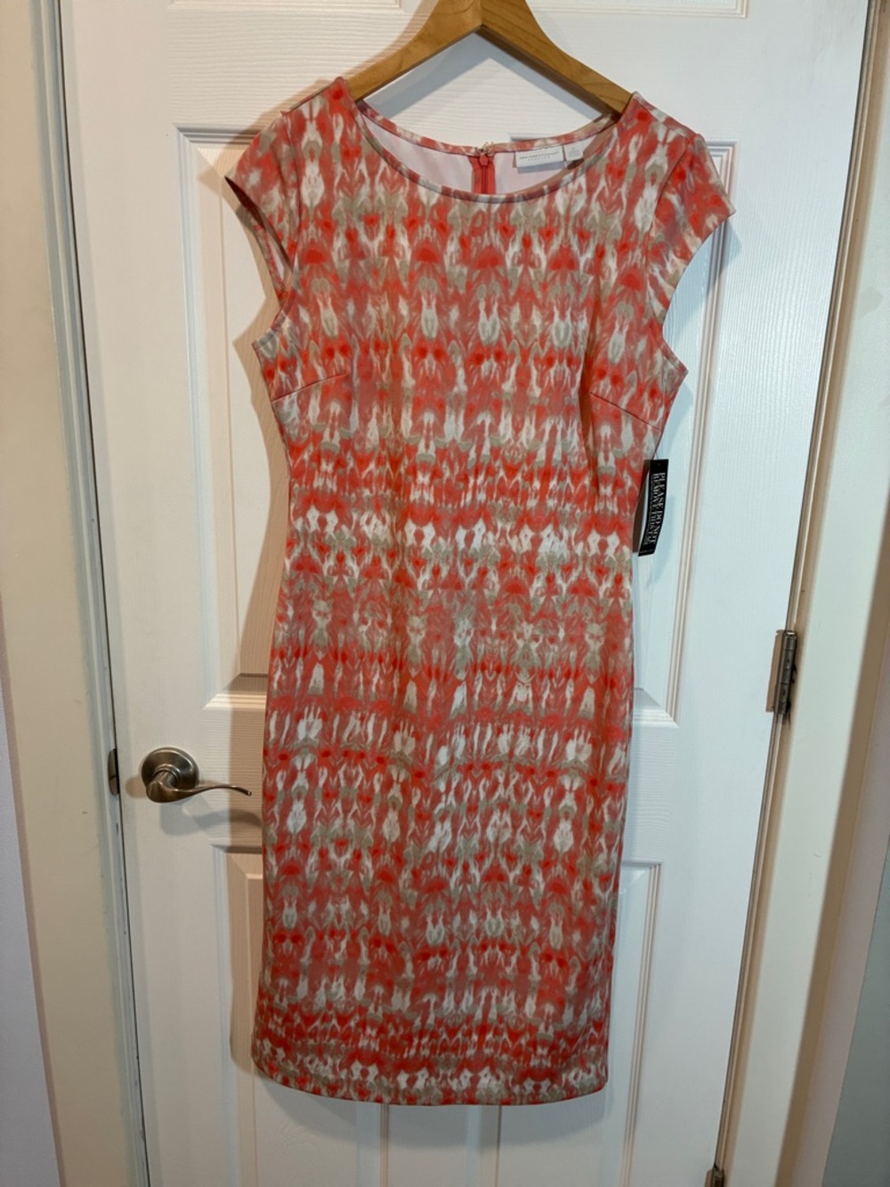 New York & Company Coral and Cream Cap-Sleeve Midi Sheath Dress
